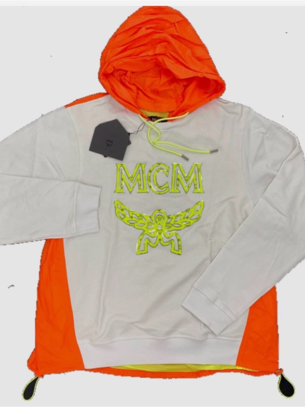 MCM White Hoodie with Orange Hood and Neon Yellow Logo